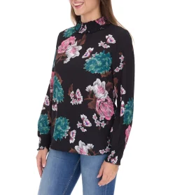 Poloshirts & Blusen*Aniston CASUAL Damen Sommer-Bluse mit floralem Muster Langarm-Shirt Frühlings-Bluse 11049069 Schwarz/Rosa/Grün