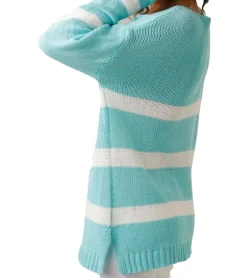 Sweater & Pullover*Aniston CASUAL Damen Strick-Pullover mit Baumwollanteil Alltags-Pullover Langarm-Shirt 78647339 Türkis/Weiß
