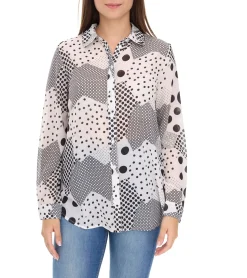 Poloshirts & Blusen*Aniston CASUAL FM Damen Bluse stylische gemusterte Sommer-Bluse mit Kent-Kragen Langarm-Shirt 36993707 Weiß/Schwarz