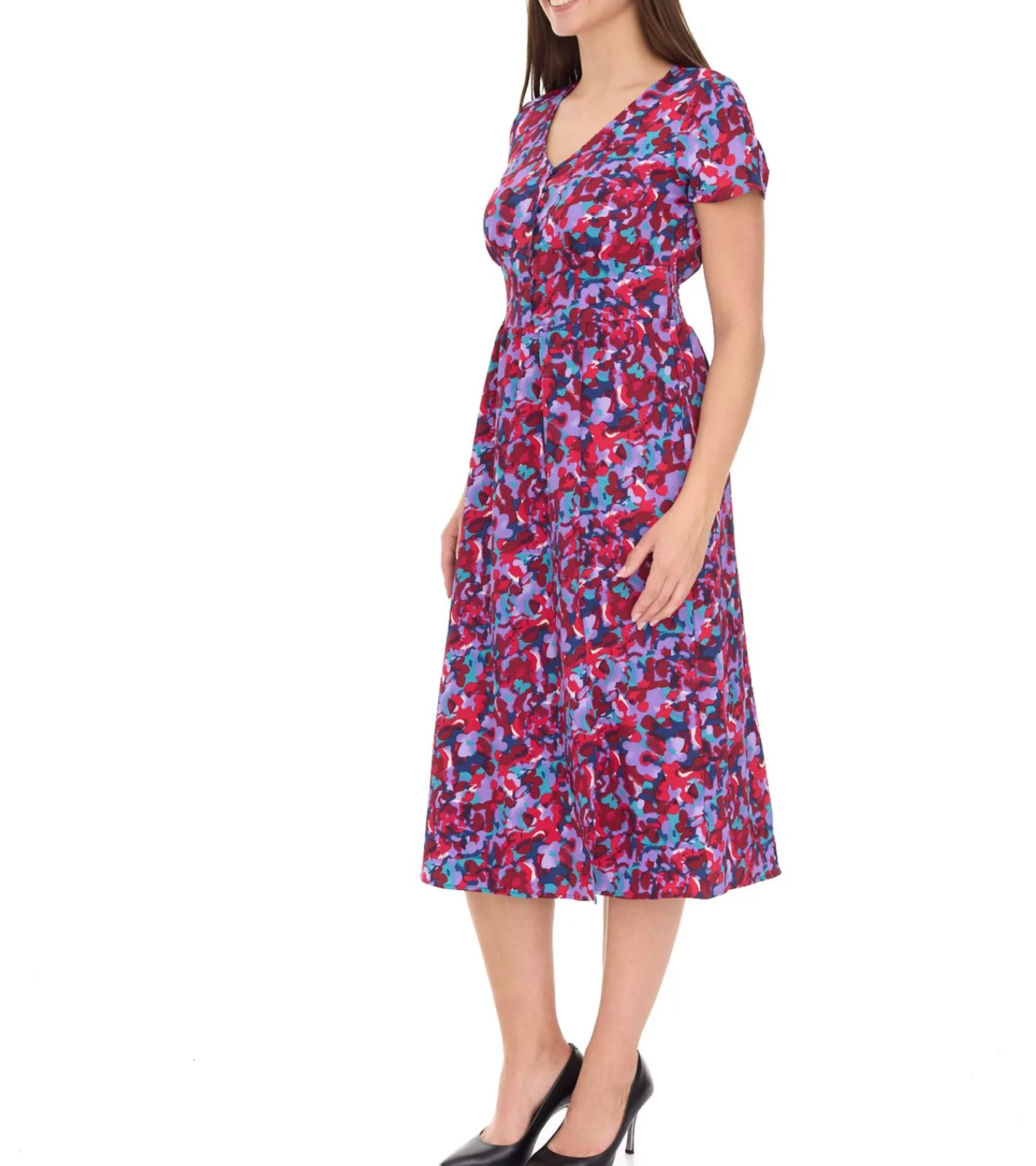 Kleider*Aniston Casuals Damen Sommer-Kleid Midi-Kleid mit Knopfleiste Urlaubs-Kleid 66771161 Lila/Blau/Rot
