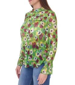 Große Größen|Poloshirts & Blusen*Aniston Damen Sommer-Bluse transparente Chiffon-Bluse mit Allover-Blüten-Print 13940242 Grün/Bunt