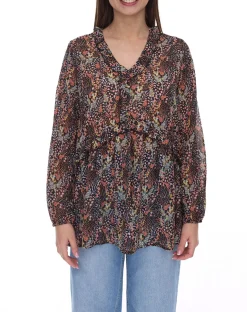 Poloshirts & Blusen*Aniston Damen Sommer-Bluse mit Rüschen-Details Langarm-Shirt mit Allover-Print Arbeits-Bluse 88608001 Braun/Grün/Schwarz