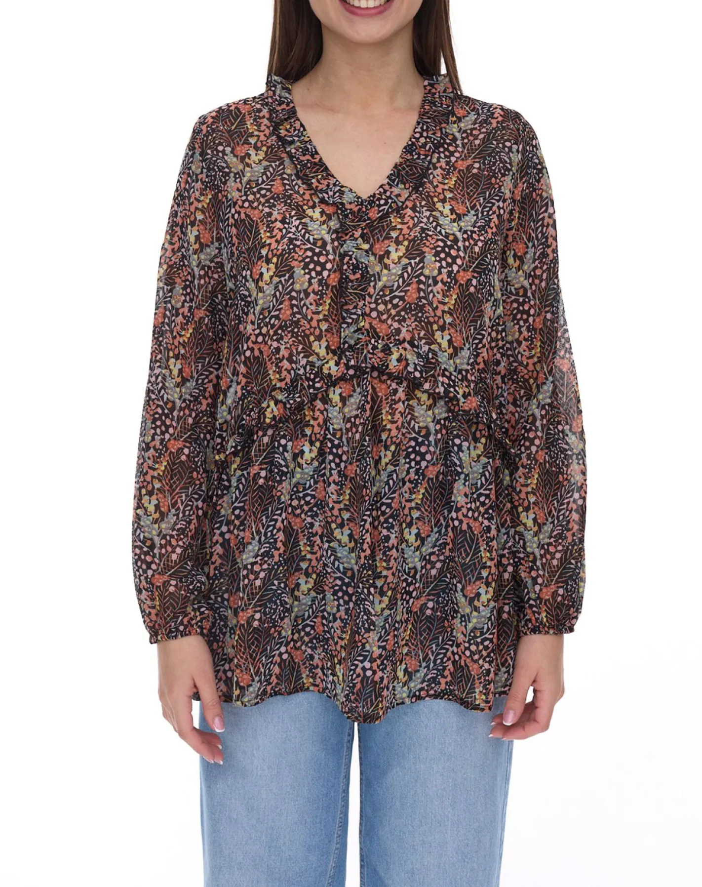 Poloshirts & Blusen*Aniston Damen Sommer-Bluse mit Rüschen-Details Langarm-Shirt mit Allover-Print Arbeits-Bluse 88608001 Braun/Grün/Schwarz