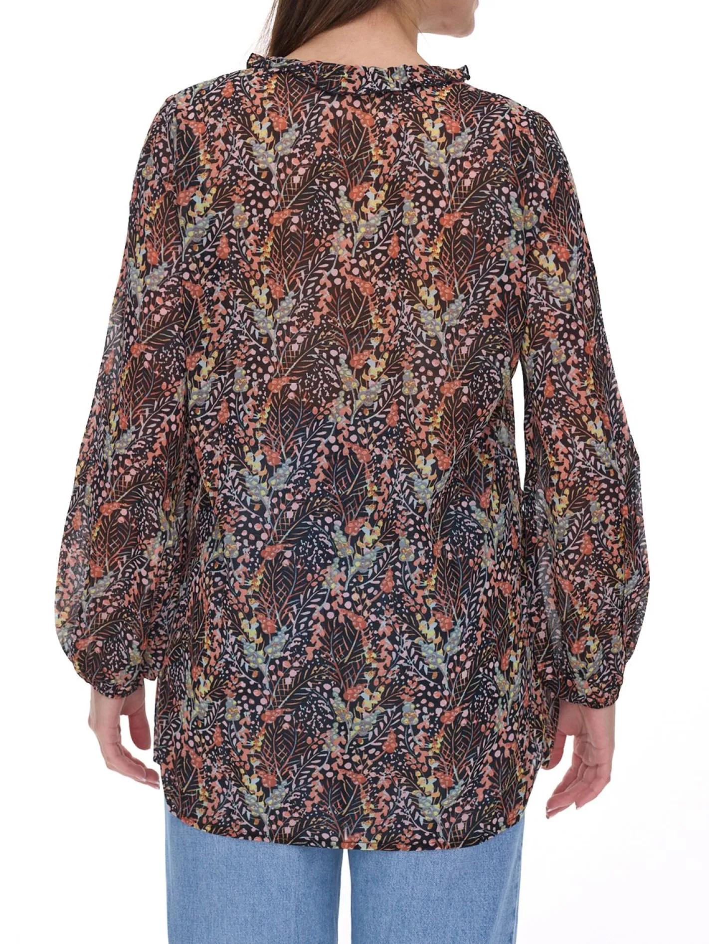 Poloshirts & Blusen*Aniston Damen Sommer-Bluse mit Rüschen-Details Langarm-Shirt mit Allover-Print Arbeits-Bluse 88608001 Braun/Grün/Schwarz