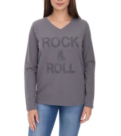 Sweater & Pullover*Aniston SELECTED Damen Baumwoll-Pullover Langarm-Shirt mit ROCK & ROLL Schriftzug Alltags-Pullover 39352300 Grau