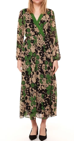 Kleider*Aniston Selected Damen Maxi-Kleid langärmliges Chiffon-Kleid 38511519 Grün/Beige