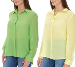 Große Größen|Poloshirts & Blusen*Aniston SELECTED Damen Sommer-Bluse Langarm-Shirt mit Kent-Kragen sommerliche Basic-Bluse Gelb oder Grün