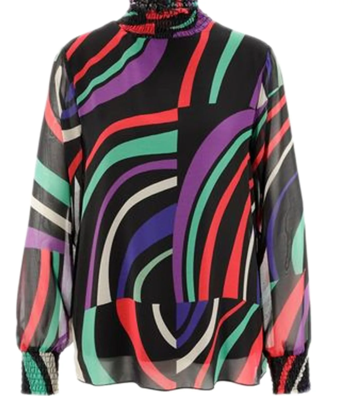 Poloshirts & Blusen*Aniston SELECTED Damen Sommer-Bluse mit farbigen Streifen Langarm-Shirt mit durchsichtigen Ärmeln Frühlings-Bluse 83441732 Schwarz/Rot/Grün