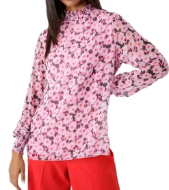 Große Größen|Poloshirts & Blusen*Aniston SELECTED Damen Sommer-Bluse mit Allover-Blumen-Print Langarm-Shirt mit durchsichtigen Ärmeln Frühlings-Bluse 45177117 Rosa/Schwarz