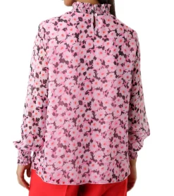 Große Größen|Poloshirts & Blusen*Aniston SELECTED Damen Sommer-Bluse mit Allover-Blumen-Print Langarm-Shirt mit durchsichtigen Ärmeln Frühlings-Bluse 45177117 Rosa/Schwarz