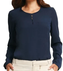 Poloshirts & Blusen*AWAMA Damen Bluse modische Schlupf-Bluse mit Tasche leichte Business-Bluse Langarm-Bluse zum Binden 108 Navy