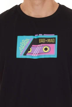 T-Shirts & Tank Tops*BAD+MAD Tokio Tee Herren Baumwoll-T-Shirt mit buntem Kasetten-Print Rundhals-Shirt BMTR004 Schwarz