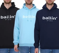 Pullover & Sweater*Ballin Est. 2013 Herren nachhaltiger Hoodie Kapuzen-Pullover mit Logo-Print auf der Front HO-H00050 in Schwarz, Blau oder Navy