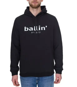 Pullover & Sweater*Ballin Est. 2013 Herren nachhaltiger Hoodie Kapuzen-Pullover mit Logo-Print auf der Front HO-H00050 Schwarz