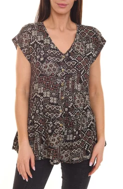 Poloshirts & Blusen|Tops & T-Shirts*BOYSEN´S BOYSEN`S Damen Blusen-Top Kurzarm-Shirt mit Allover-Print 87451654 Schwarz/Braun