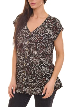 Poloshirts & Blusen|Tops & T-Shirts*BOYSEN´S BOYSEN`S Damen Blusen-Top Kurzarm-Shirt mit Allover-Print 87451654 Schwarz/Braun