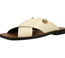 Zehentrenner & Sandalen*Bronx Damen Echtleder-Sandale mit flachem Blockabsatz Sommer-Pantolette mit Marken-Applikation 84856-H 05 Beige