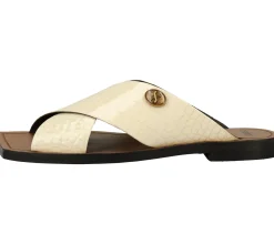 Zehentrenner & Sandalen*Bronx Damen Echtleder-Sandale mit flachem Blockabsatz Sommer-Pantolette mit Marken-Applikation 84856-H 05 Beige