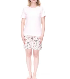 Bademode & Nachtwäsche*CINQUE Shorty Damen Baumwoll-Pyjama kurze Hose mit Blumen-Print Rundhals-Shirt Rosa/Weiß