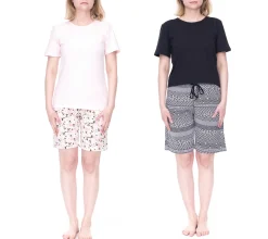 Bademode & Nachtwäsche*CINQUE Shorty Damen Baumwoll-Pyjama kurze Hose mit Blumen-Print Rundhals-Shirt Rosa/Weiß oder Schwarz/Weiß