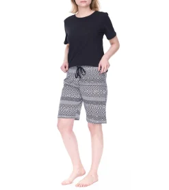 Bademode & Nachtwäsche*CINQUE Shorty Damen Baumwoll-Pyjama kurze Hose mit Blumen-Print Rundhals-Shirt Rosa/Weiß oder Schwarz/Weiß