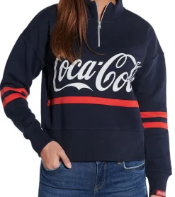 Sweater & Pullover*COURSE Damen Troyer-Pullover Baumwoll-Pullover mit Coca Cola-Print Langarm-Shirt 900959 Dunkelblau