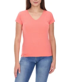 Tops & T-Shirts*COURSE Damen T-Shirt mit V-Ausschnitt Sommer-Shirt Baumwoll-Oberteil Freizeit-Shirt 900779 Coral