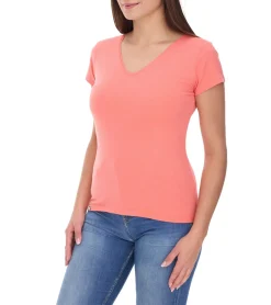 Tops & T-Shirts*COURSE Damen T-Shirt mit V-Ausschnitt Sommer-Shirt Baumwoll-Oberteil Freizeit-Shirt 900779 Coral