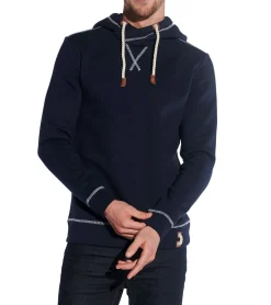 Pullover & Sweater*COURSE Herren Kapuzen-Pullover schlichter Baumwoll-Pullover Sweat-Hoodie Langarm-Shirt 4332 Dunkelblau/Weiß