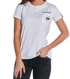 Tops & T-Shirts*COURSE Mickey Mouse Damen T-Shirt mit Brusttasche Baumwoll-Shirt Rundhals 900939 Weiß