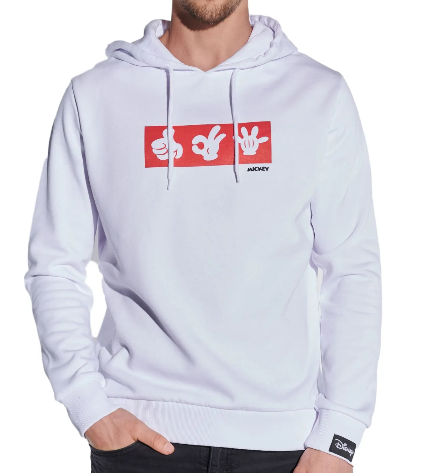 Pullover & Sweater*COURSE Mickey Mouse Herren Hoodie mit Mickey-Hand-Print und Patch Kapuzen-Pullover Baumwoll-Sweater 484 in Weiß oder Schwarz