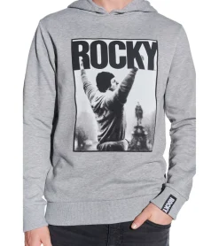 Pullover & Sweater*COURSE Rocky Balboa Herren Hoodie im melierten Design Kapuzen-Pullover mit großen Rocky Foto-Print und Patch Baumwoll-Sweater 4860 Grau