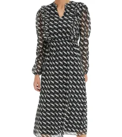 Kleider*O46bpx Damen A-Linien Chiffon-Kleid mit geometrischem Muster schönes Sommer-Kleid leichtes Midi-Frühlings-Kleid mit V-Ausschnitt 958063 Schwarz/Creme