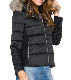 Mäntel & Jacken*O46bpx Damen Übergangs-Jacke nachhaltige Stepp-Jacke mit Fellrand-Kapuze Puffer-Jacke 979144 Schwarz