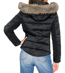 Mäntel & Jacken*O46bpx Damen Übergangs-Jacke nachhaltige Stepp-Jacke mit Fellrand-Kapuze Puffer-Jacke 979144 Schwarz