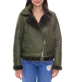 Mäntel & Jacken*O46bpx Damen Biker-Jacke Übergangs-Jacke mit Reverskragen Kunstleder-Jacke 923116 Grün