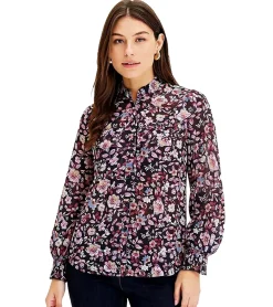 Große Größen|Poloshirts & Blusen*O46bpx Damen Bluse modische Sommer-Bluse Chiffon-Bluse mir Blumendruck Große Größen 975299 Dunkelblau/Pink/Lila