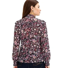 Große Größen|Poloshirts & Blusen*O46bpx Damen Bluse modische Sommer-Bluse Chiffon-Bluse mir Blumendruck Große Größen 975299 Dunkelblau/Pink/Lila