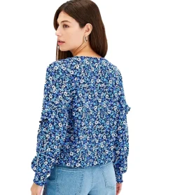 Große Größen|Poloshirts & Blusen*O46bpx Damen Bluse modische Sommer-Bluse mit Blumen-Print Volant-Shirt 913799 Blau/Weiß/Schwarz