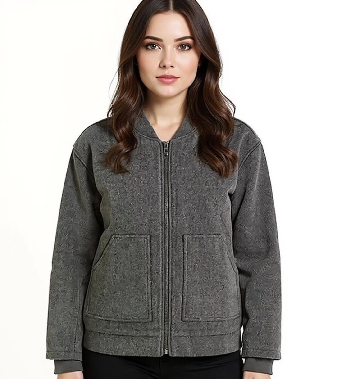 Große Größen|Mäntel & Jacken*O46bpx Damen Bomber-Jacke aus Woll-Mix Blouson mit aufgesetzten Taschen Übergangs-Jacke 952374 Grau