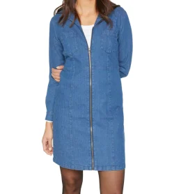 Kleider*O46bpx Damen Denim-Kleid mit Reverse-Kragen und Reißverschluss Frühlings-Kleid Jeans-Kleid Hemd-Kleid Mini-Kleid 960528 Blau