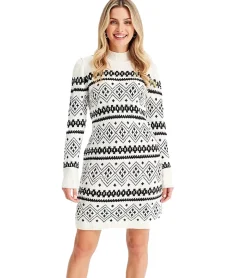 Kleider*O46bpx Damen Fairisle-Strick-Minikleid mit Rollkragen Langarm-Kleid 946814 Weiß
