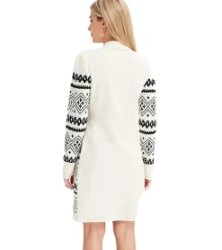 Kleider*O46bpx Damen Fairisle-Strick-Minikleid mit Rollkragen Langarm-Kleid 946814 Weiß