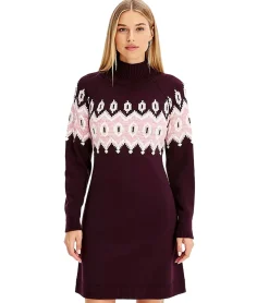 Kleider*O46bpx Damen Fair-Isle-Strick-Minikleid mit Rollkragen Langarm-Kleid 976263 Weinrot