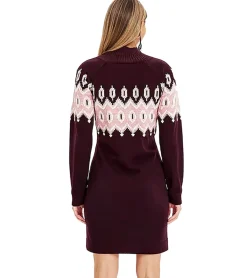 Kleider*O46bpx Damen Fair-Isle-Strick-Minikleid mit Rollkragen Langarm-Kleid 976263 Weinrot