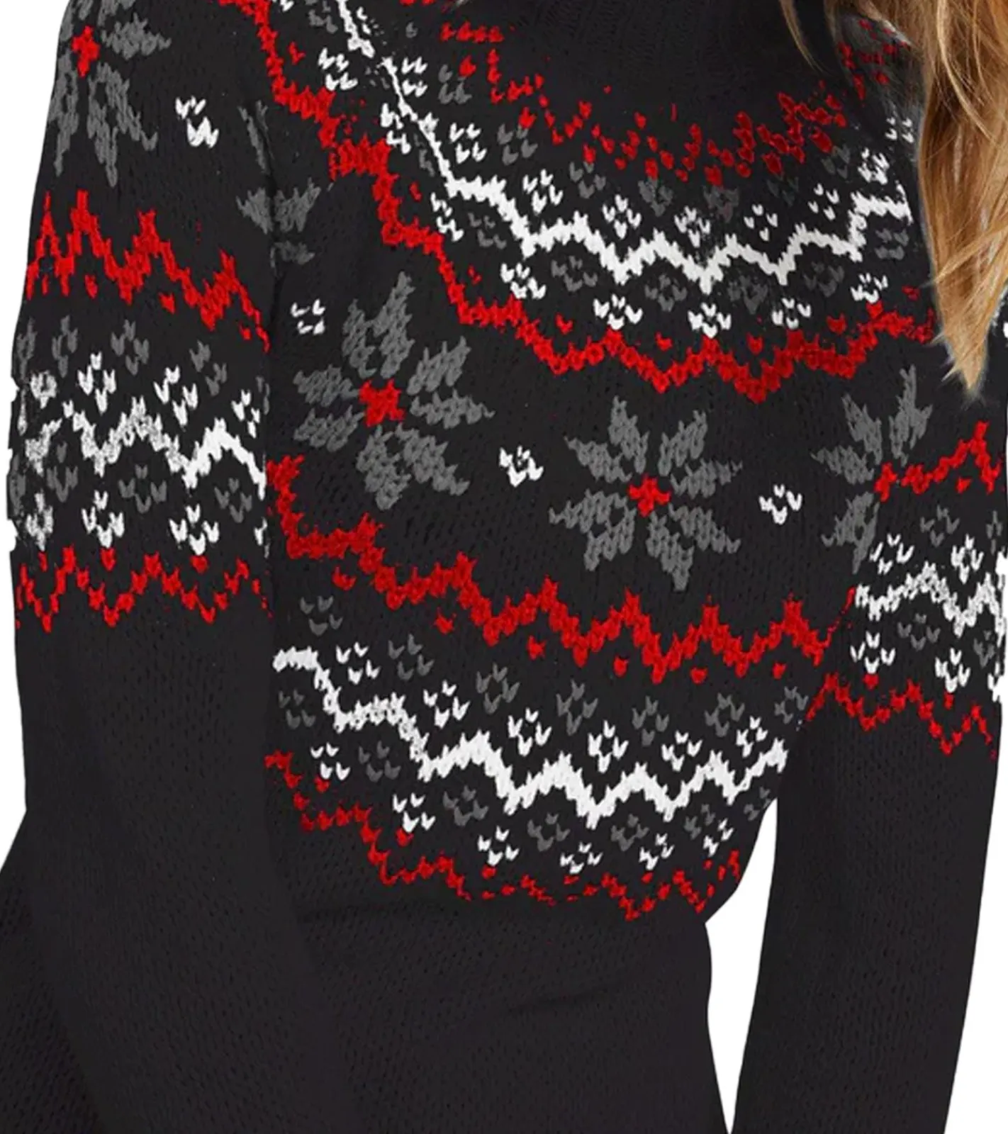 Kleider|Große Größen*O46bpx Damen Fairisle-Strick-Minikleid mit Rollkragen Langarm-Kleid 976460 Schwarz