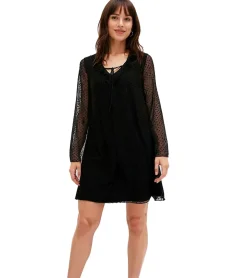 Kleider*O46bpx Damen Frühlings-Kleid gepunktetes Netzkleid stylisches Alltags-Kleid 909669 Schwarz