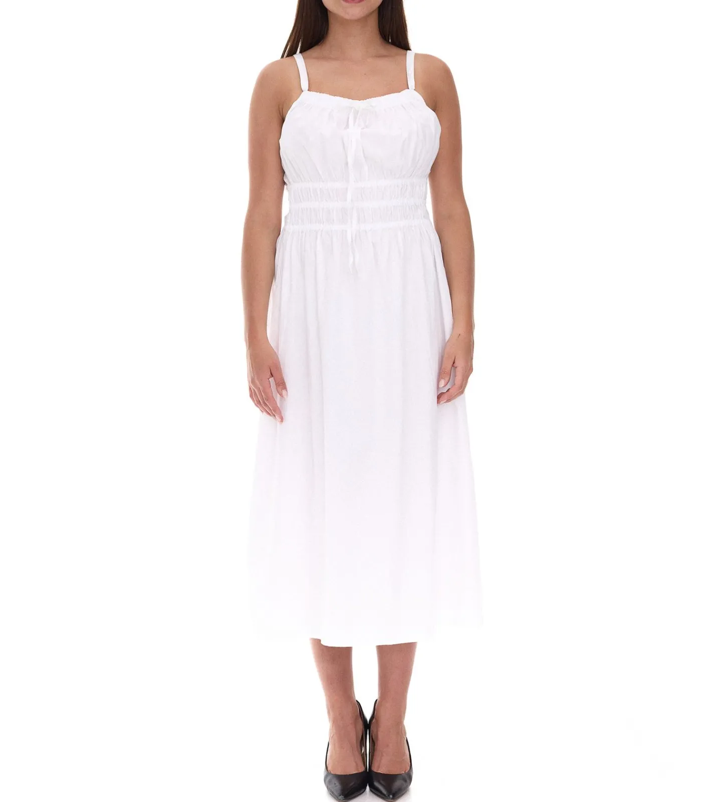 Große Größen|Kleider*O46bpx Damen Frühlings-Kleid mit kleinem Schleifen-Detail Strand-Kleid aus Baumwolle Midi-Kleid ohne Ärmel 915362 Weiß