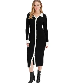 Kleider*O46bpx Damen gestricktes Midi-Hemdkleid Langarm-Kleid mit V-Ausschnitt Strick-Kleid 969584 Schwarz