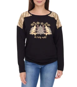 Sweater & Pullover*O46bpx Damen Langarm-Pullover mit Weihnachts-Muster Shirt mit Pailletten Longsleeve mit Glitzer-Aufdruck 951384 Schwarz/Gold
